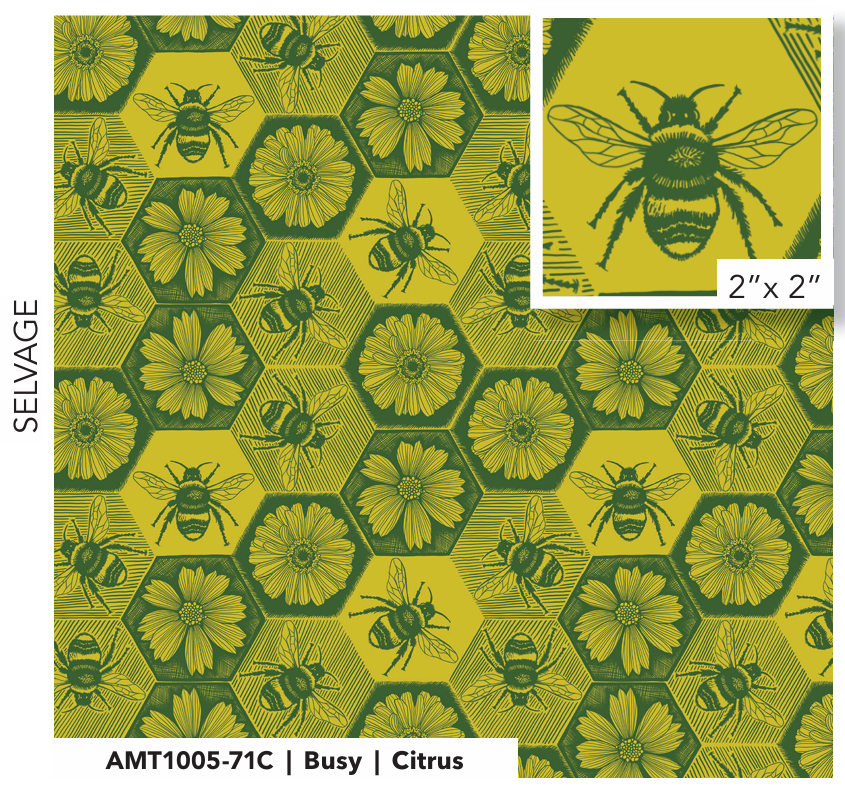 The image is a repeating pattern of yellow hexagons with green flowers and bees. The pattern is composed of multiple smaller images of bees and flowers, creating a visually cohesive design.