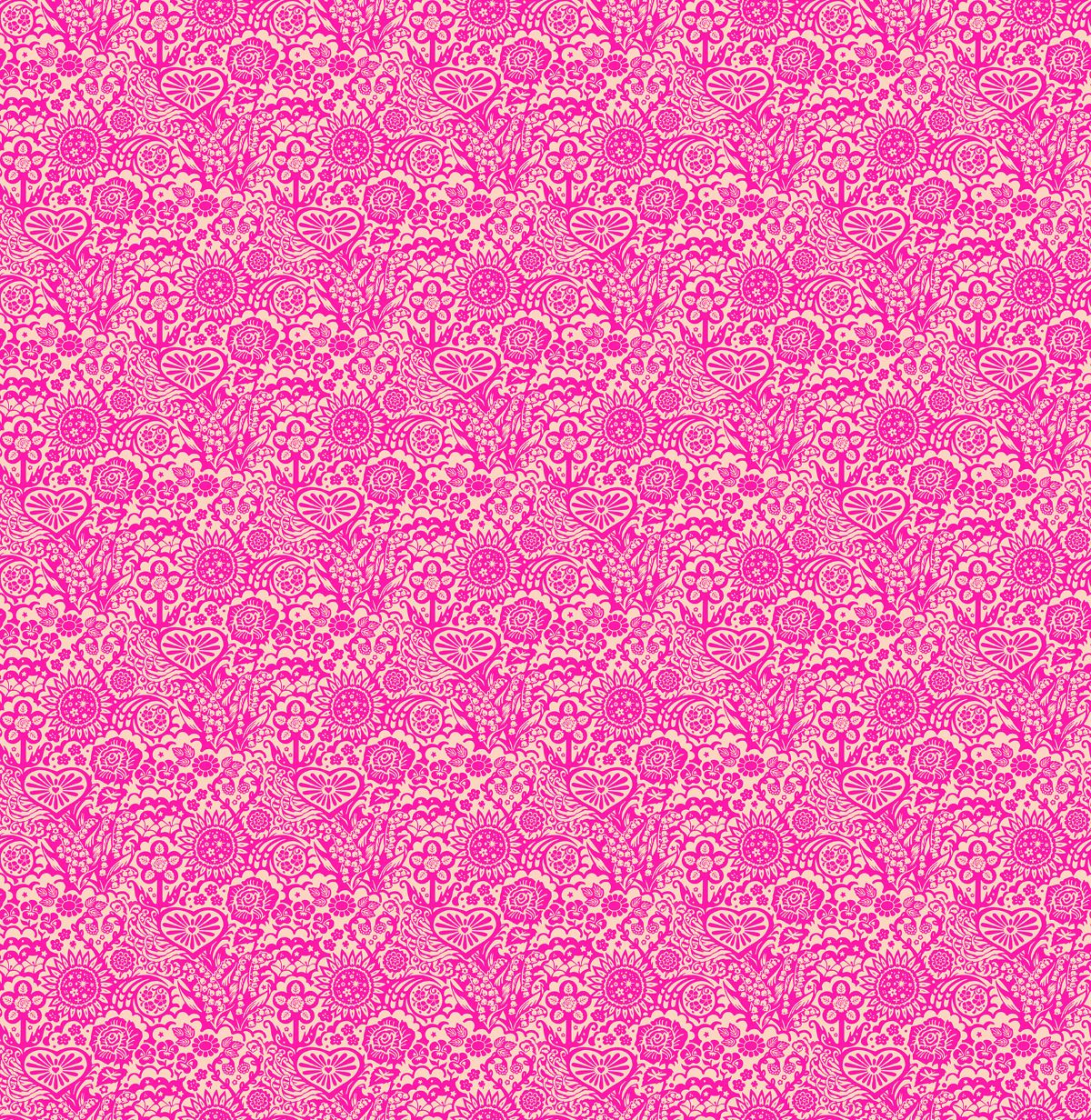 The image is a repeating pattern of pink and beige flowers and leaves, creating a visually appealing and intricate design.