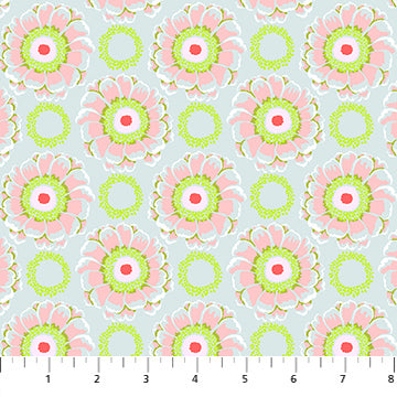 a repeating pattern of pink and green flowers with green circles surrounding them.