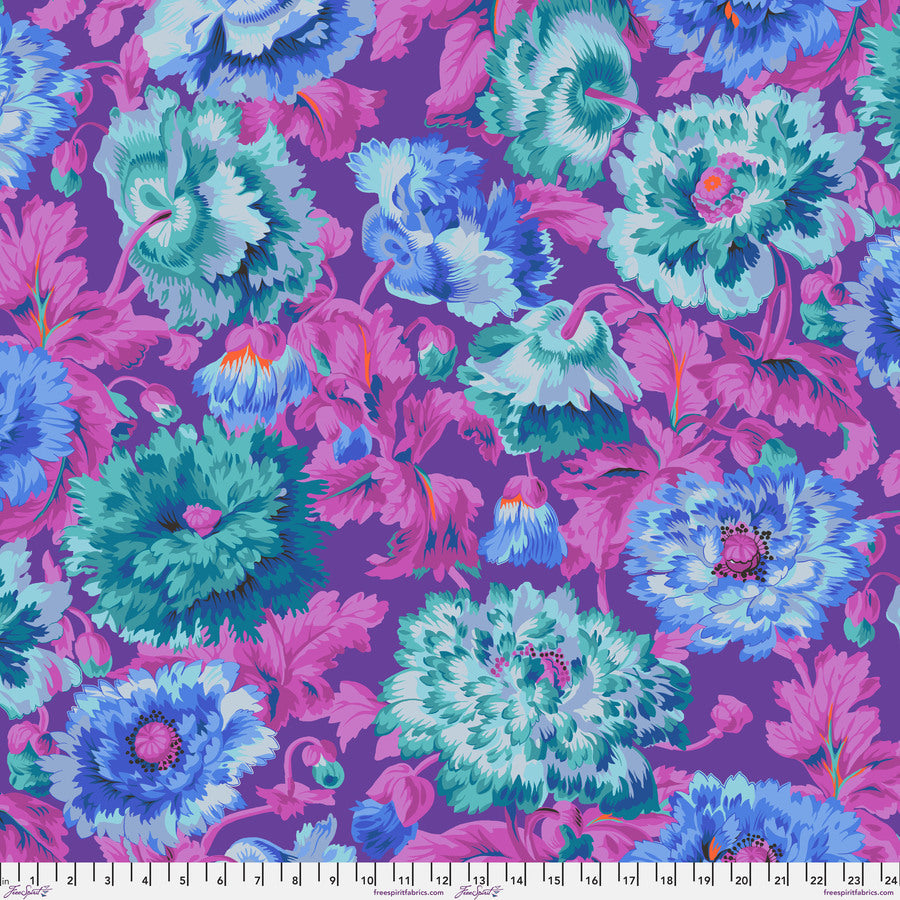 a vibrant and colorful floral pattern with various shades of blue, pink, and green flowers and leaves. The pattern is visually striking and appears to be a repeating design.