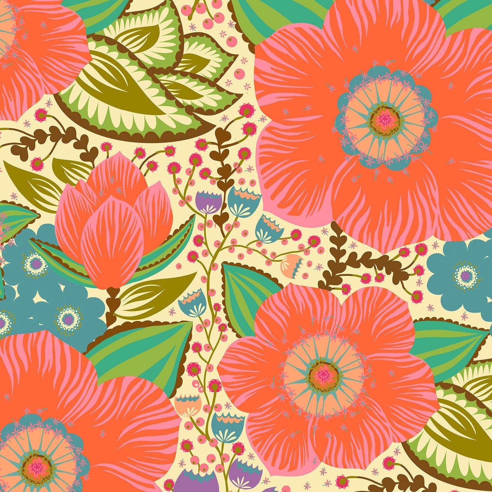 The image is a vibrant and colorful floral pattern featuring large, bold flowers in shades of orange, pink, and green, along with various smaller flowers and leaves in shades of blue, green, and purple. The overall design is visually striking and full of life.