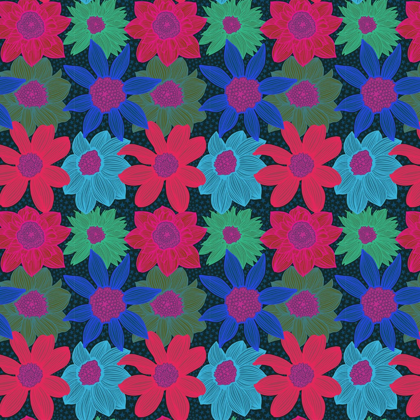 a repeating pattern of colorful flowers in shades of pink, blue, and green against a dark background.