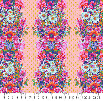 The image is a vibrant and colorful floral pattern, featuring a repeating design of various flowers and leaves in shades of pink, orange, and purple. The pattern is composed of multiple rows of flowers and leaves, creating a visually striking and dynamic design.