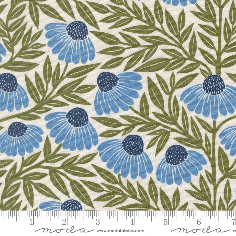 a repeating pattern of blue flowers with green leaves on a white background.