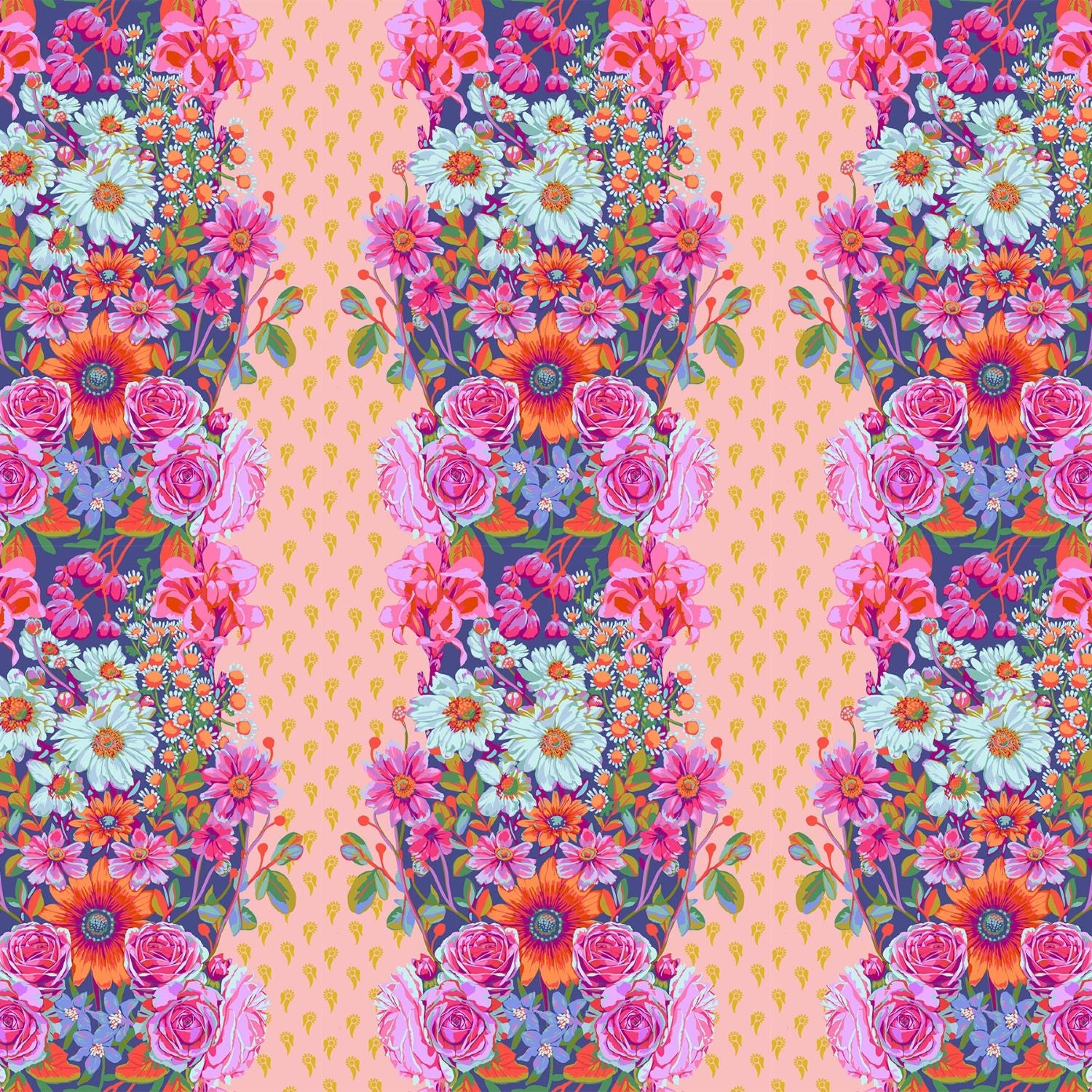 The image is a vibrant and colorful floral pattern featuring a variety of flowers in shades of pink, orange, yellow, and white. The pattern is composed of repeating floral motifs arranged in a vertical orientation, creating a visually striking and dynamic design.