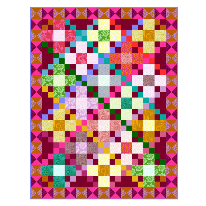 The image is a vibrant and colorful quilt with a variety of geometric patterns and shapes, including squares, rectangles, and triangles in a range of bright colors such as pink, green, yellow, and purple. The quilt appears to be a patchwork of different designs and textures, creating a visually striking and intricate piece of textile art.