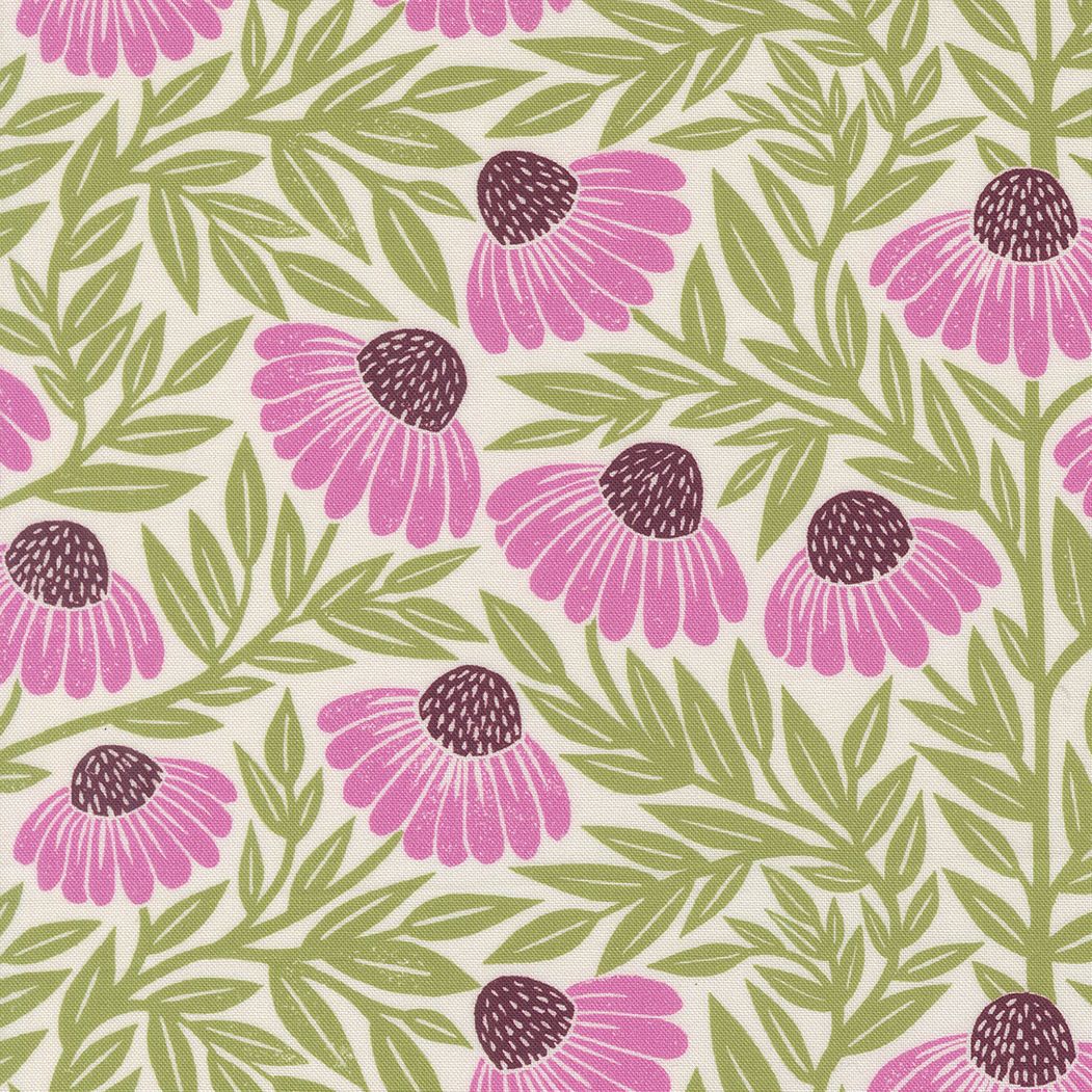 a repeating pattern of pink flowers with green leaves against a white background.