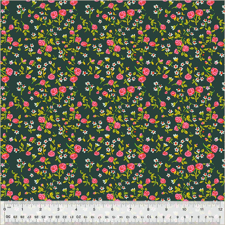 a green background with pink flowers and green leaves