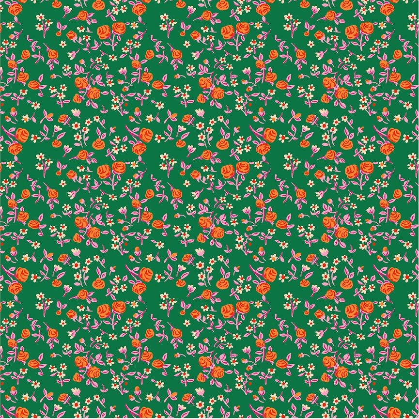 a green background with red and pink flowers