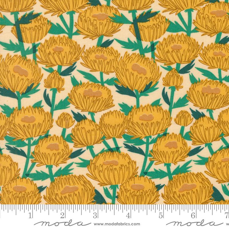 a yellow and green flower pattern on a white background