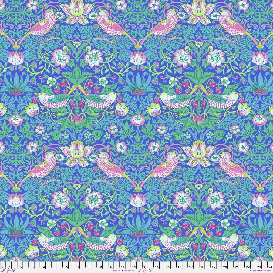 a blue and green floral pattern with pink, green, and blue flowers