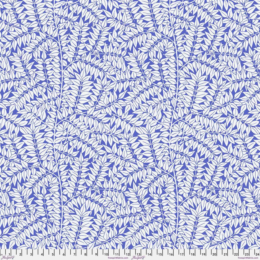 a blue and white pattern of leaves on a white background