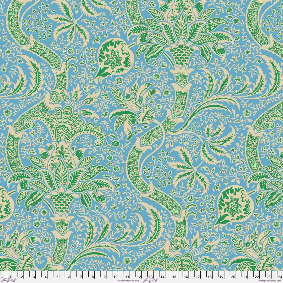 a blue and green paisley print fabric