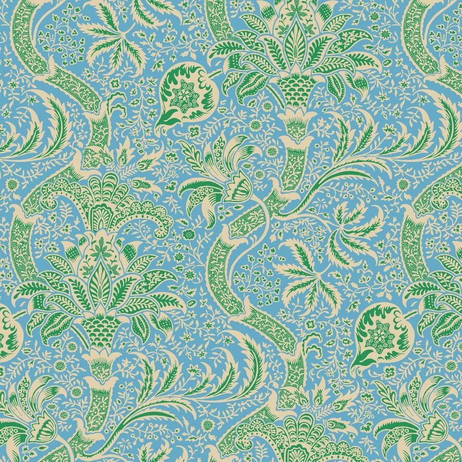 a blue and green wallpaper with a floral design