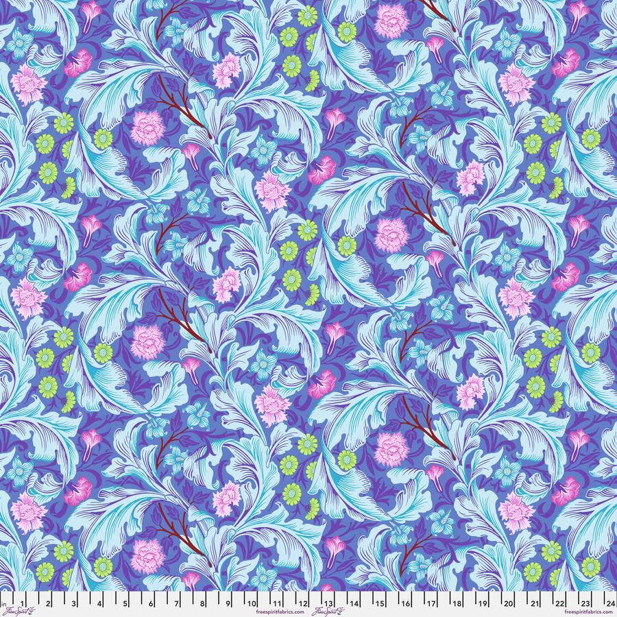 a blue and green floral pattern on a purple background
