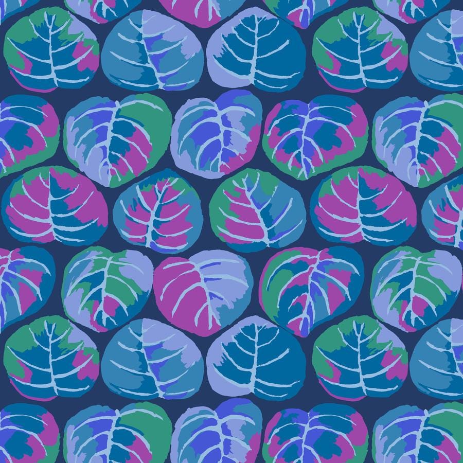 a blue and purple pattern with leaves on it