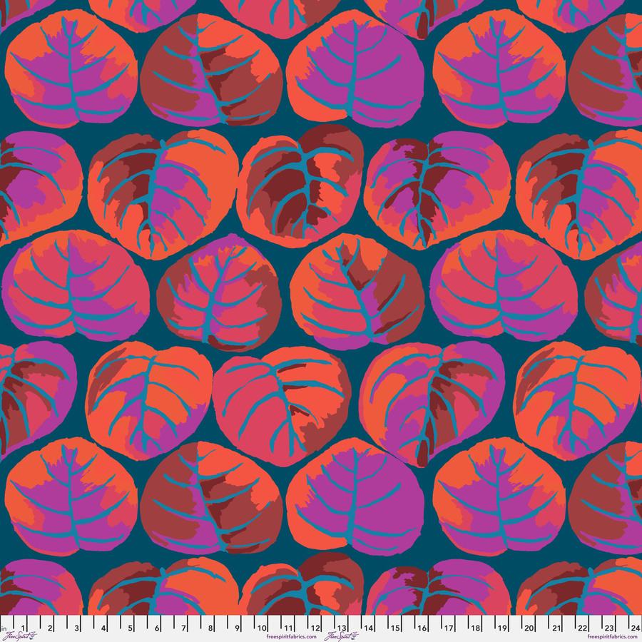a pattern of red and purple leaves on a blue background