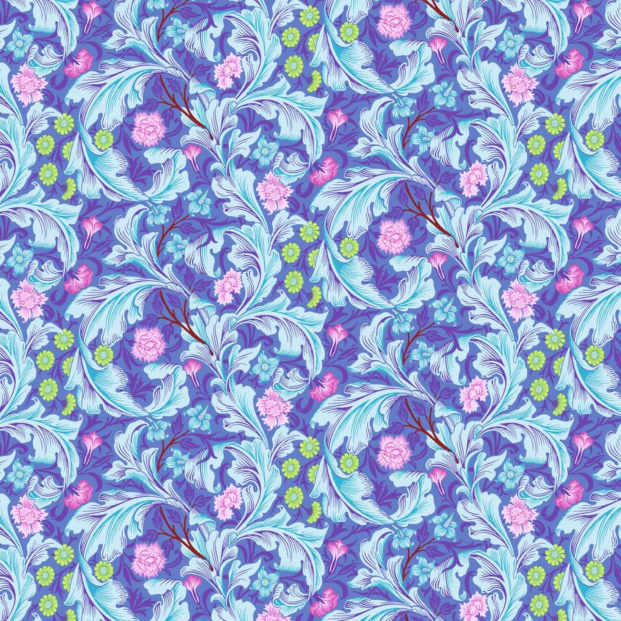 a blue and pink floral pattern with leaves and flowers