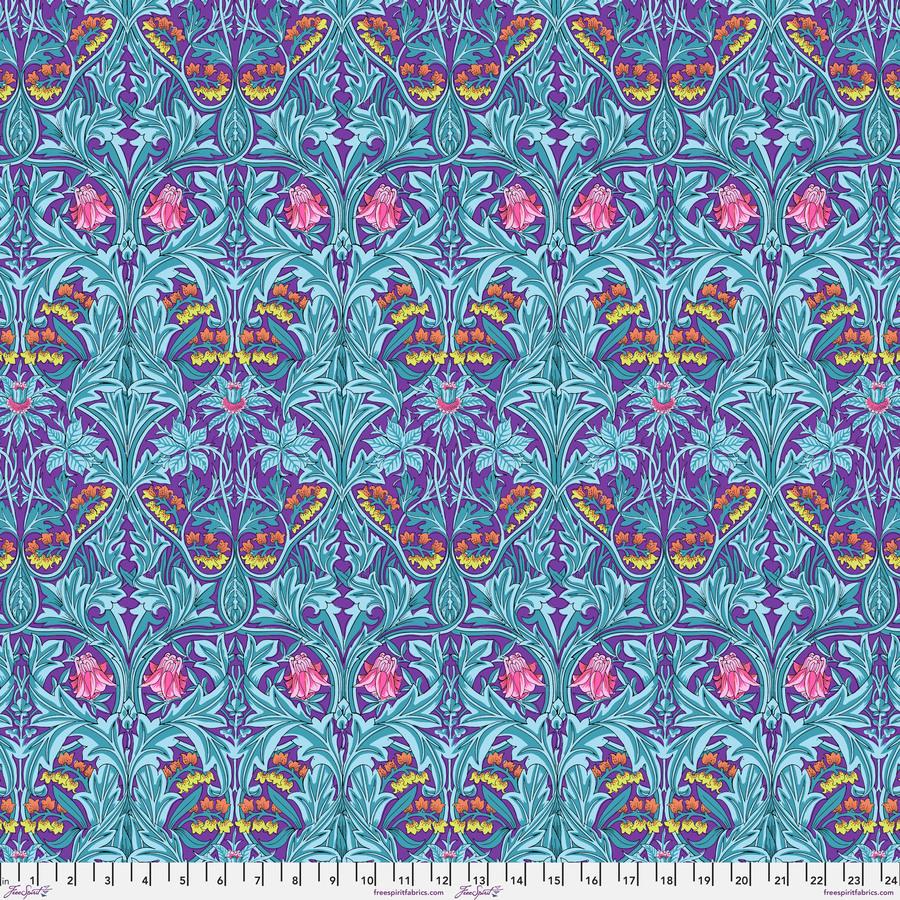 a blue and pink wallpaper with a flower pattern