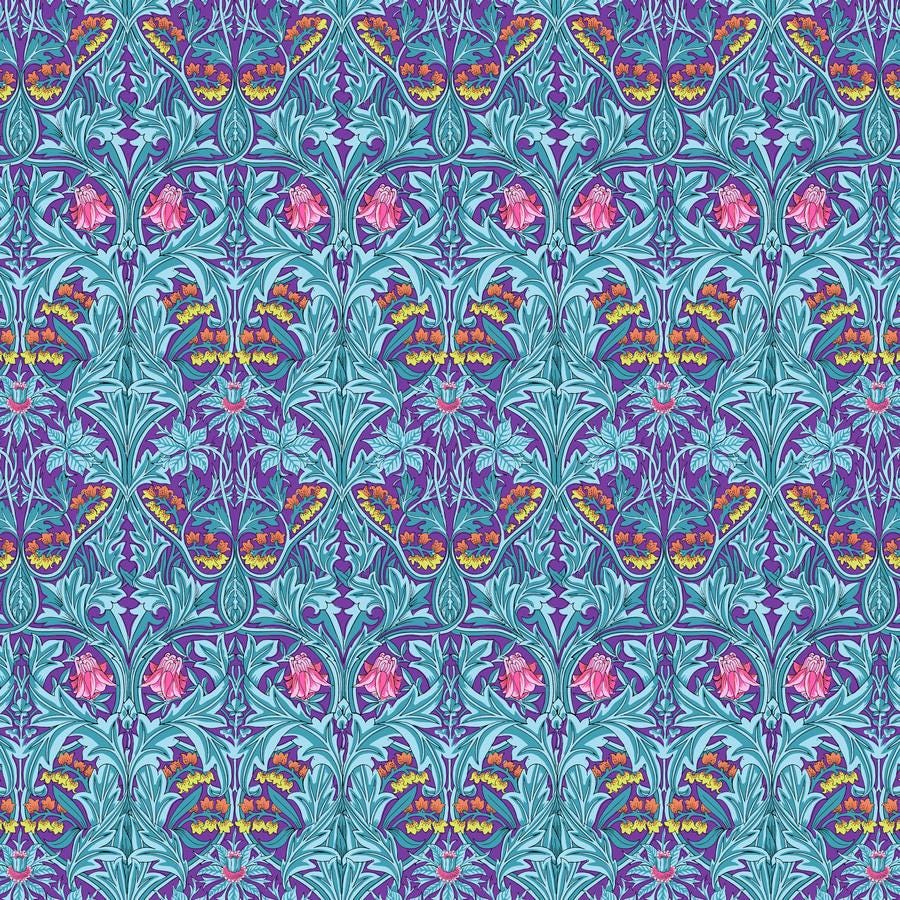 a blue and pink wallpaper with a flower pattern