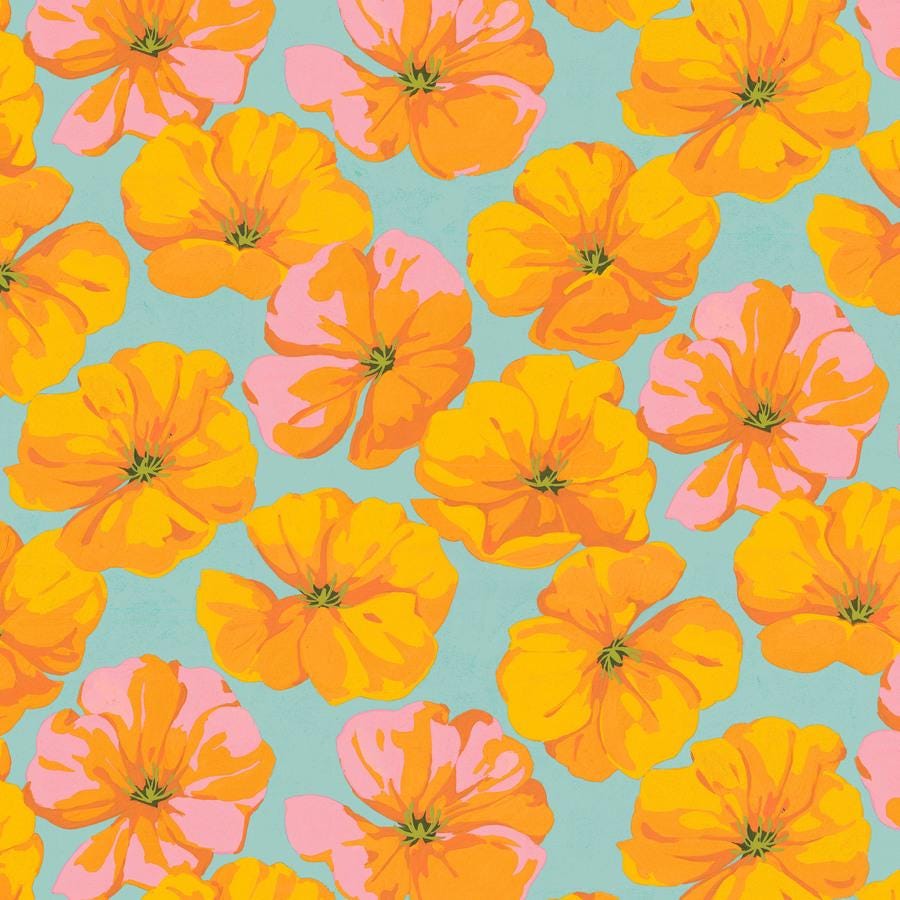 a bunch of orange and pink flowers on a blue background