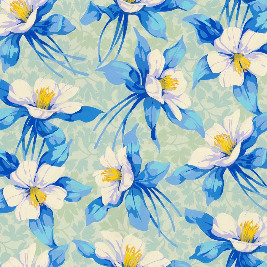 a blue and white flower pattern on a green background
