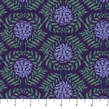 a blue and green floral pattern on a purple background