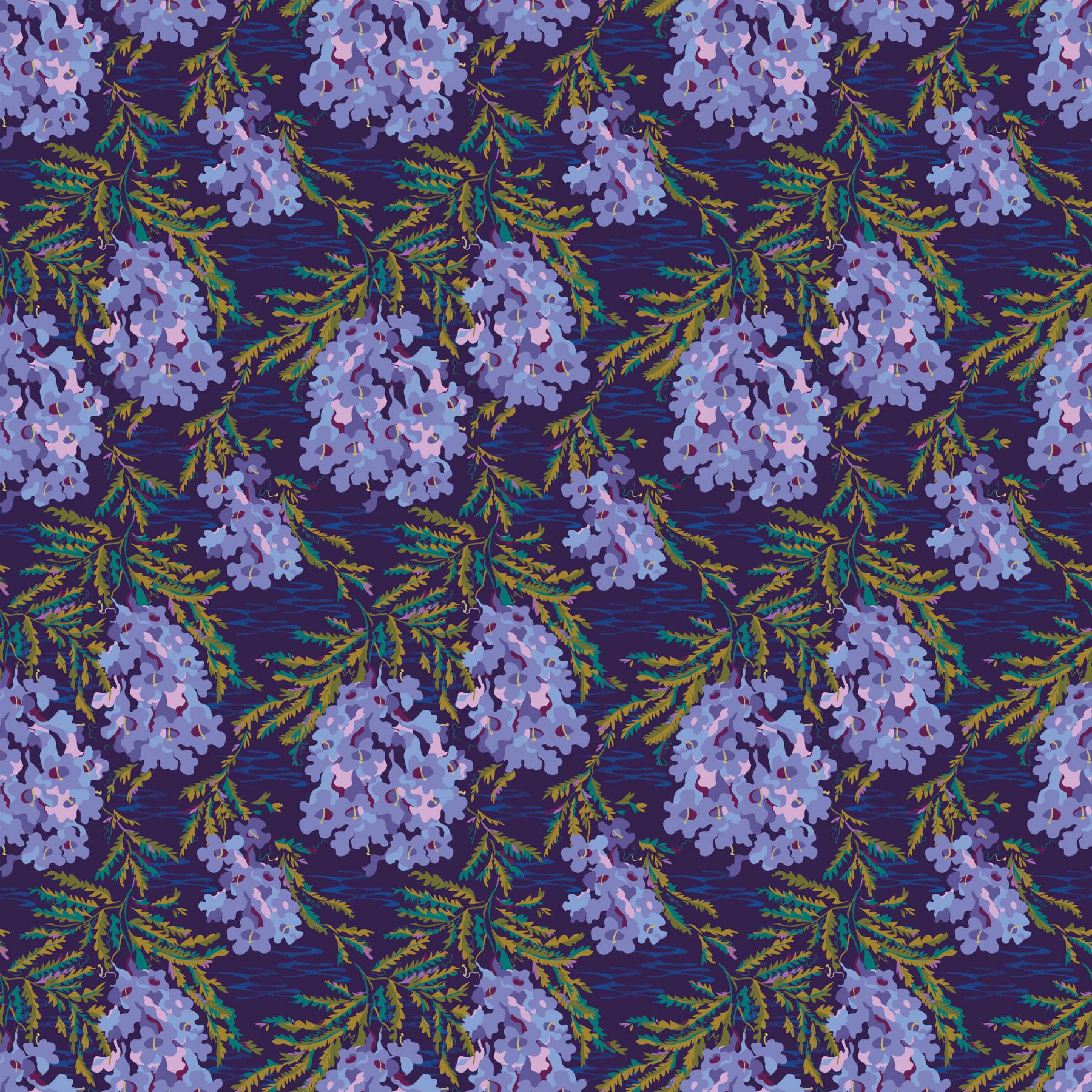 a pattern of purple flowers on a blue background