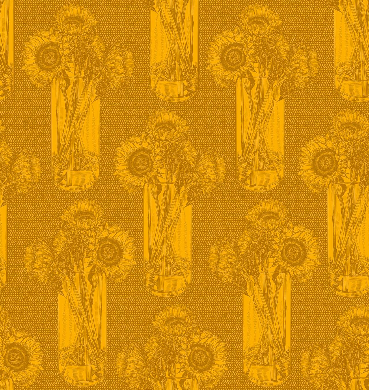 a vase of sunflowers on a yellow background