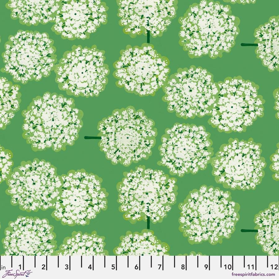 a green background with white flowers on it