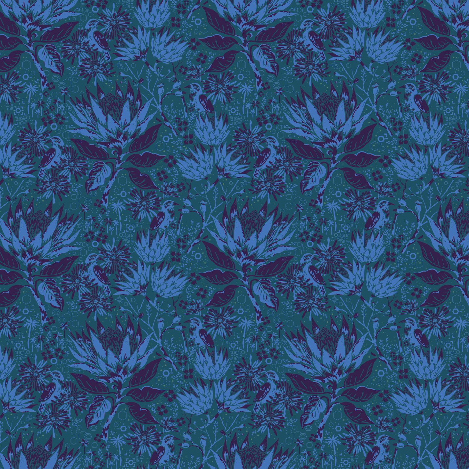 a blue background with a pattern of leaves