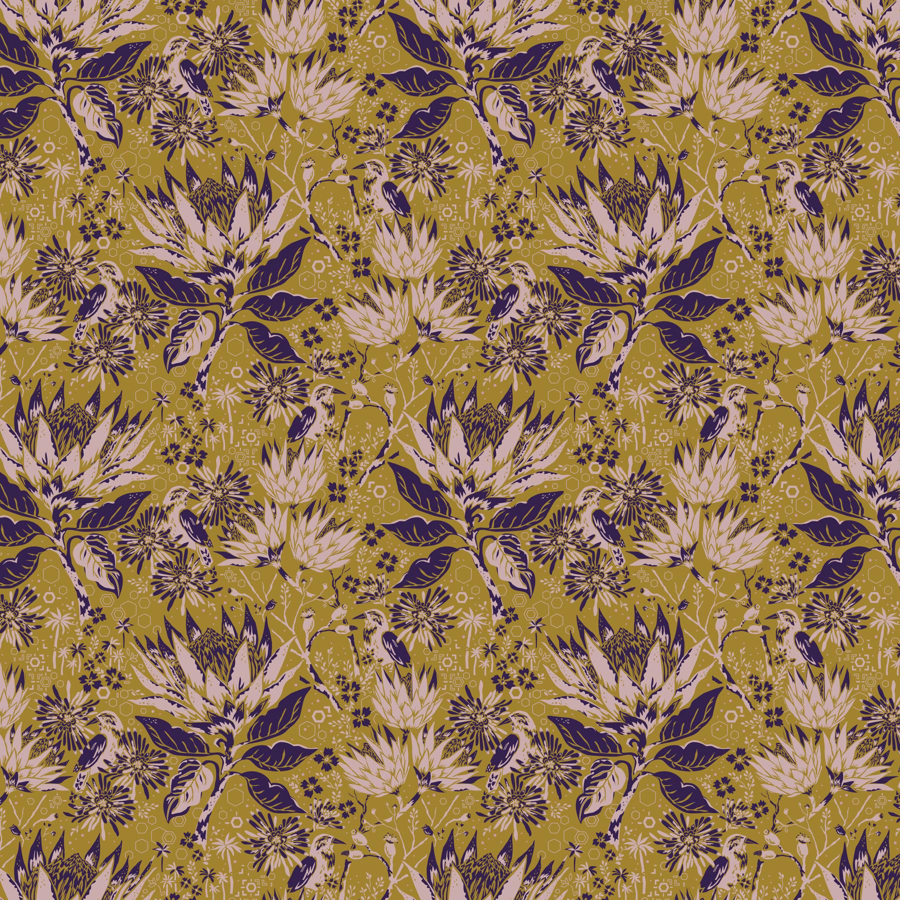 a green and purple floral pattern on a yellow background
