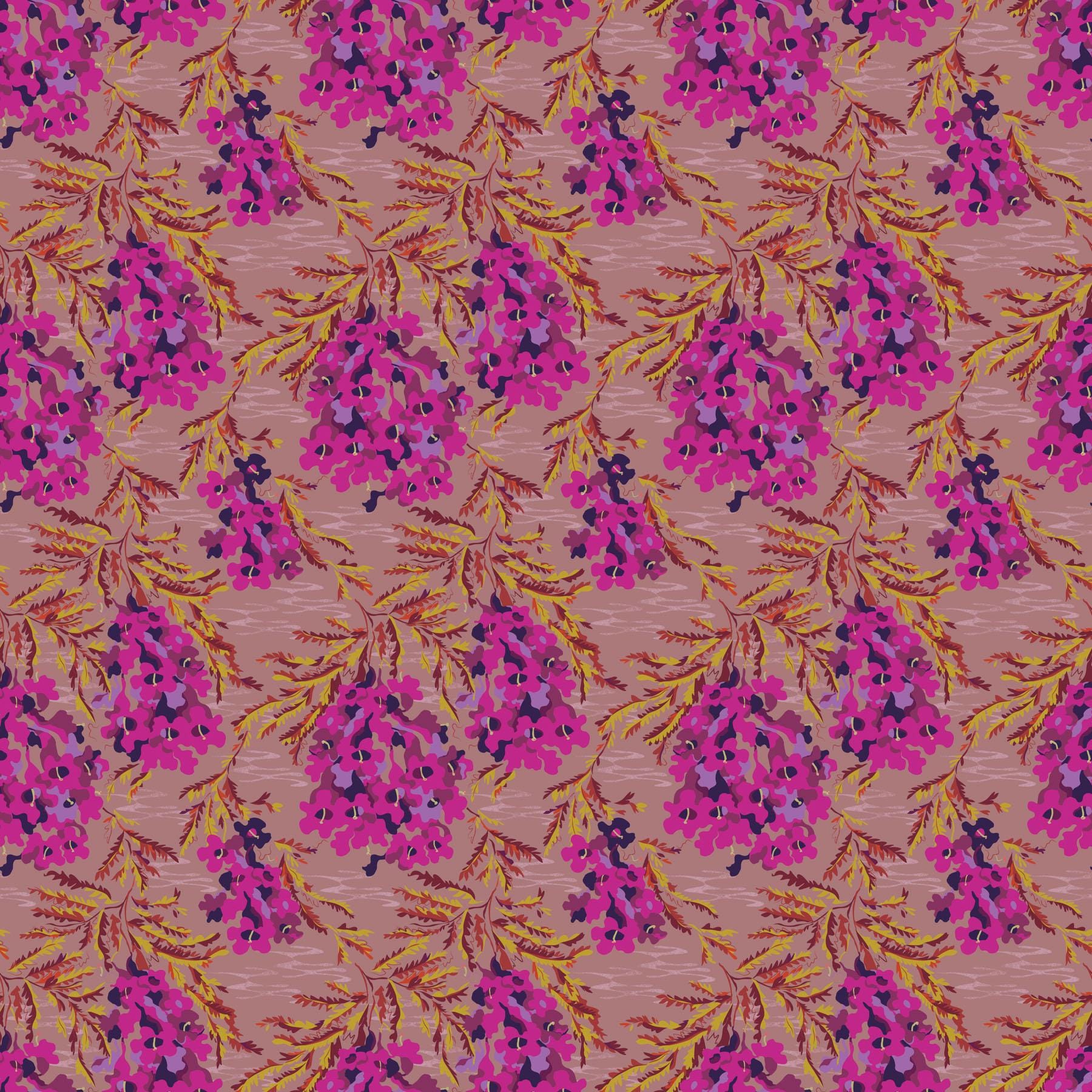 a pink and yellow floral pattern on a pink background