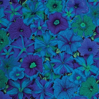 PETUNIAS in Blue PWPJ050, Kaffe Fassett Collective Fabric, Philip Jacobs, Blue Floral Fabric, Quilt Fabric, Cotton, Fabric By the Yard
