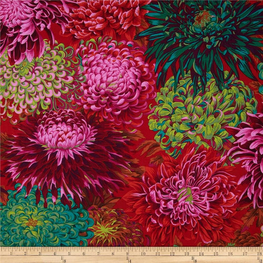 Japanese Chrysanthemum Scarlet PWPJ041, Kaffe Fassett Fabric, Philip Jacobs, Bright Floral, Quilting, Red Quilt Fabric, Fabric By The Yard