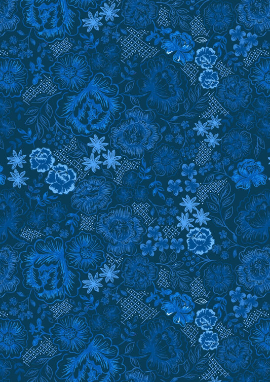 Lewis & Irene Fabric, Teatime Floral in Darkest Blue A427.3, Quilt Fabric, Cotton Fabric, Quilting Fabric, Cobalt Blue, Fabric By The Yard