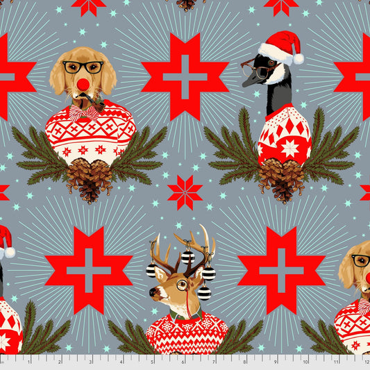 Tula Pink Holiday Homies FLANNEL Buck Buck Goose in Blue Spruce FNTP001, Christmas Quilt Fabric, Cotton Flannel Fabric, Fabric By The Yard