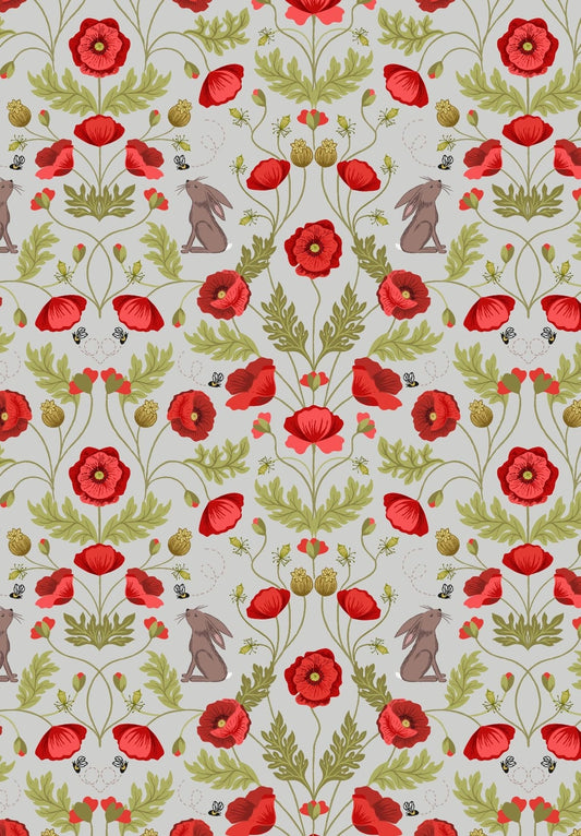 Lewis & Irene POPPIES Fabric, Poppy and Hare Light Grey A557-1, Quilt Fabric, Cotton Fabric, Floral Fabric, Bee Fabric, Fabric By The Yard
