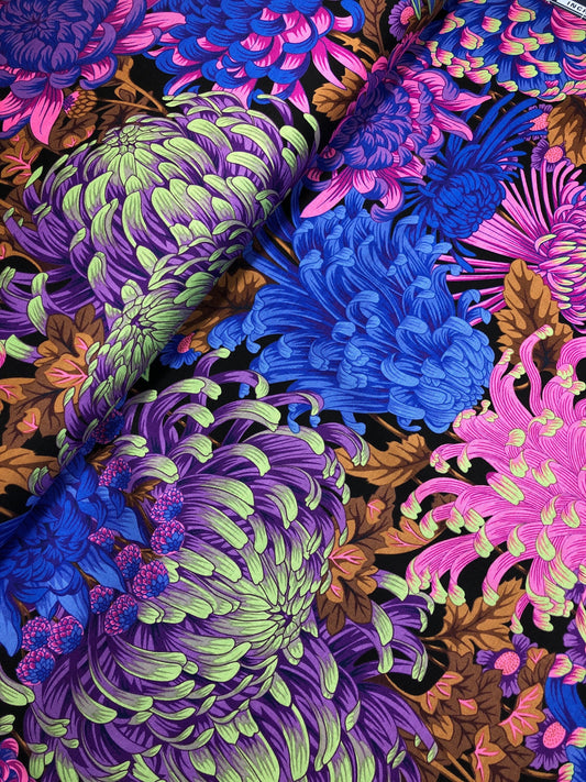 Hokusai's Mums Cool PWPJ1007 Kaffe Fassett, Philip Jacobs, Quilt Fabric, Cotton Fabric, Quilting Fabric, Floral Fabric, Fabric By The Yard