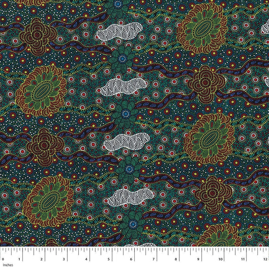 Lillup Dreaming Green, Karen Bird, Australian Fabric, Aboriginal Fabric, Cotton Fabric, Quilt Fabric, Quilting Fabric, Fabric By The Yard