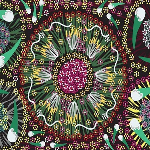 Plum and Bush Banana Black, Laurel Tanels, Australian Fabric, Aboriginal Fabric, Ethnic Fabric, Quilt Fabric, Fiber Art, Fabric By The Yard