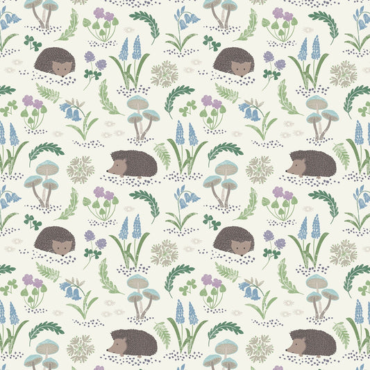 Hedgehog on Cream A128.1 BLUEBELL WOOD Reloved, Lewis and Irene Fabric, Quilt Fabric, Cotton Fabric, Hedgehog Fabric, Fabric By The Yard