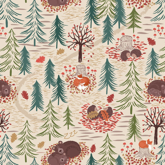 Winters Nap on Dark Cream A560.1 A WINTER Nap, Lewis and Irene Fabric, Quilt Fabric, Cotton Fabric, Woodland Fabric, Fabric By The Yard