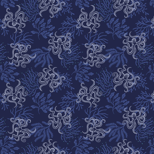Octopus in Cobalt with Silver Metallic A621.3 MOONTIDE, Lewis and Irene Fabric, Quilt Fabric, Cotton Fabric, Nautical, Fabric By The Yard