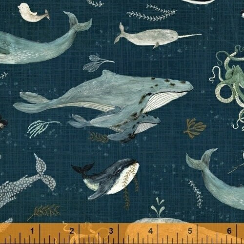 Whale Tales WHALES in Ocean 52099-1 Windham Fabrics, Quilt Fabric, Cotton Fabric, Nautical Fabric, Quilting Fabric, Fabric By The Yard