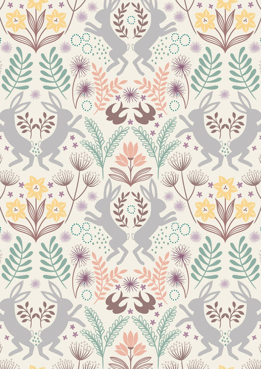 Spring Hare Reloved on Cream A725-1, Lewis & Irene Fabric, Quilt Fabric, Cotton Fabric, Spring Fabric, Woodland Fabric, Fabric By the Yard