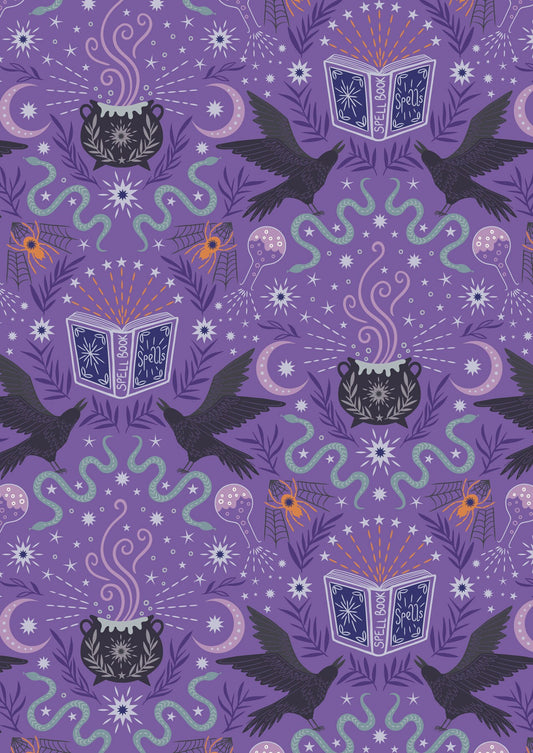 Cast a Spell on Purple (silver metallic), A719.2, Lewis & Irene Fabric, Quilt Fabric, Cotton Fabric, Halloween Fabric, Fabric By the Yard