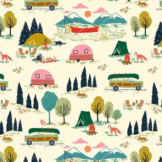 Dear Stella GONE CAMPING Cream 2499, Quilt Fabric, Cotton Fabric, Woodland Fabric, Camping Fabric, Vintage Camper Fabric, Fabric By The Yard
