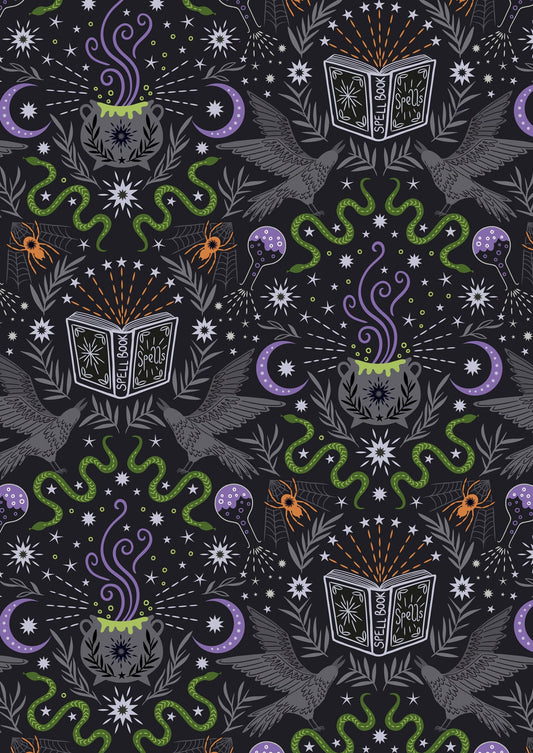 Cast A Spell, on Black (silver metallic), A719.3, Lewis & Irene Fabric, Quilt Fabric, Cotton Fabric, Halloween Fabric, Fabric By the Yard