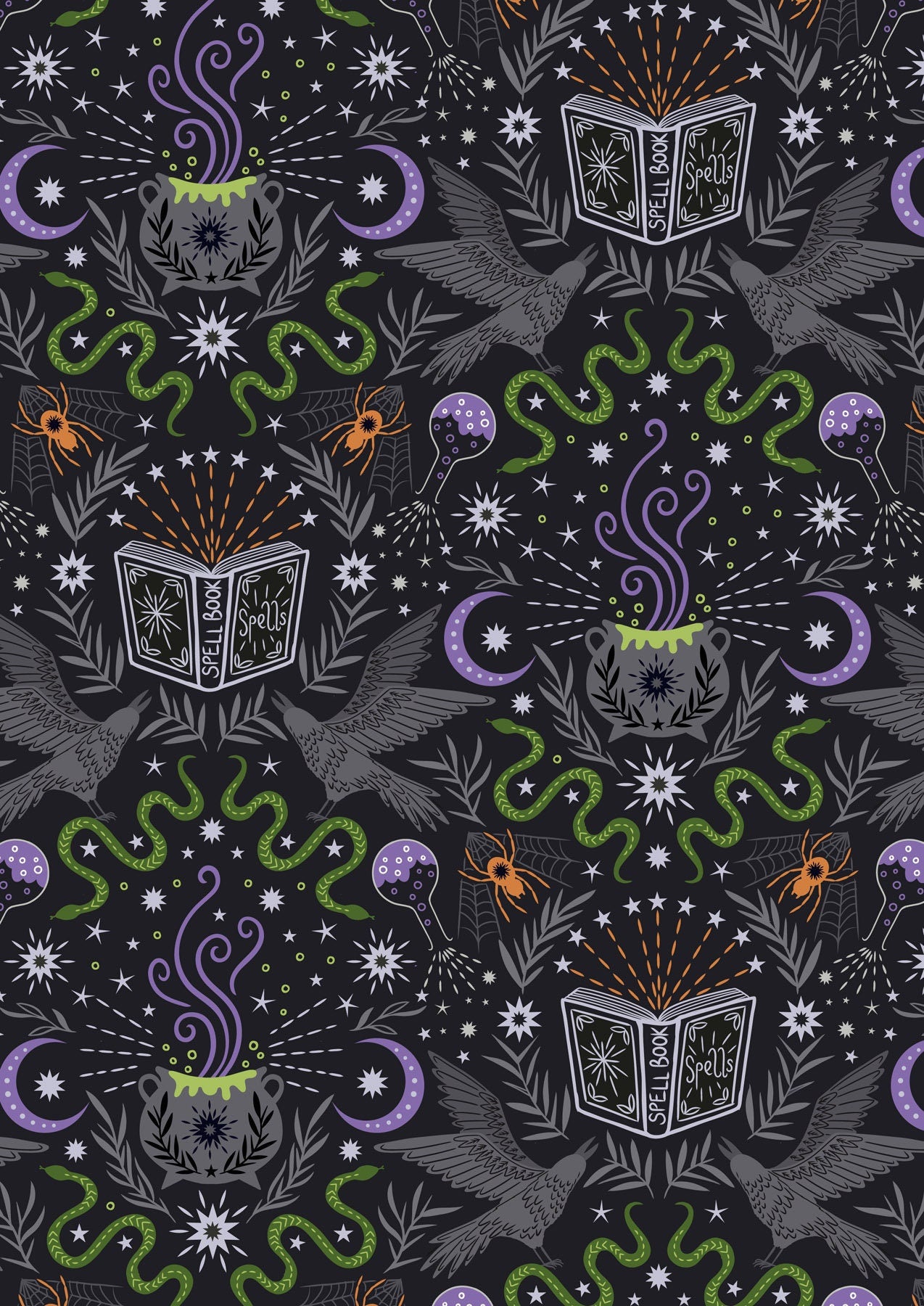 Cast A Spell, on Black (silver metallic), A719.3, Lewis & Irene Fabric, Quilt Fabric, Cotton Fabric, Halloween Fabric, Fabric By the Yard